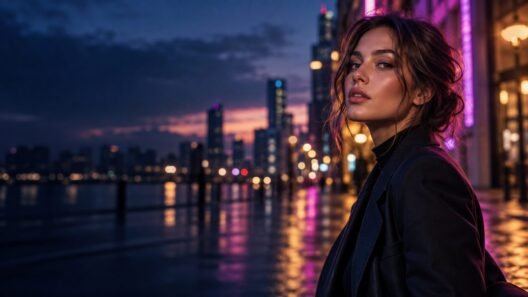 Cinematic neon city portrait of a woman for a ChatGPT image prompt